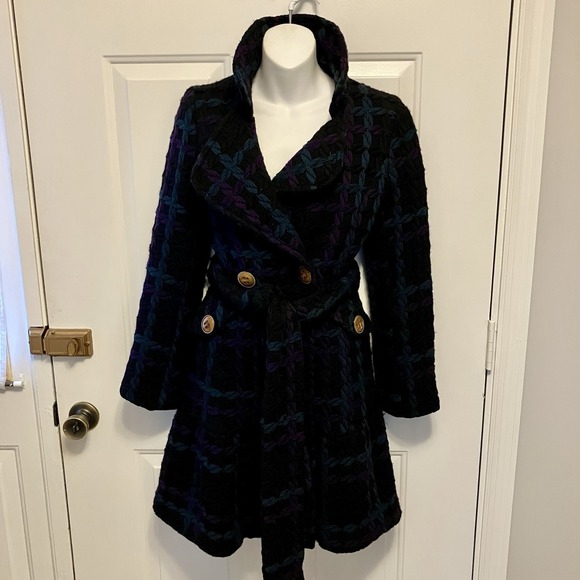 Sunner‎ Tweed Sz XS 2/4 Black Purple Green 100% Wool Mid-Length Coat Women's - Picture 3 of 11